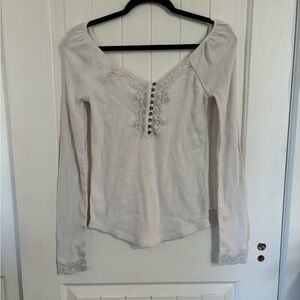 Free People White Knit top with lace and button detail Size M